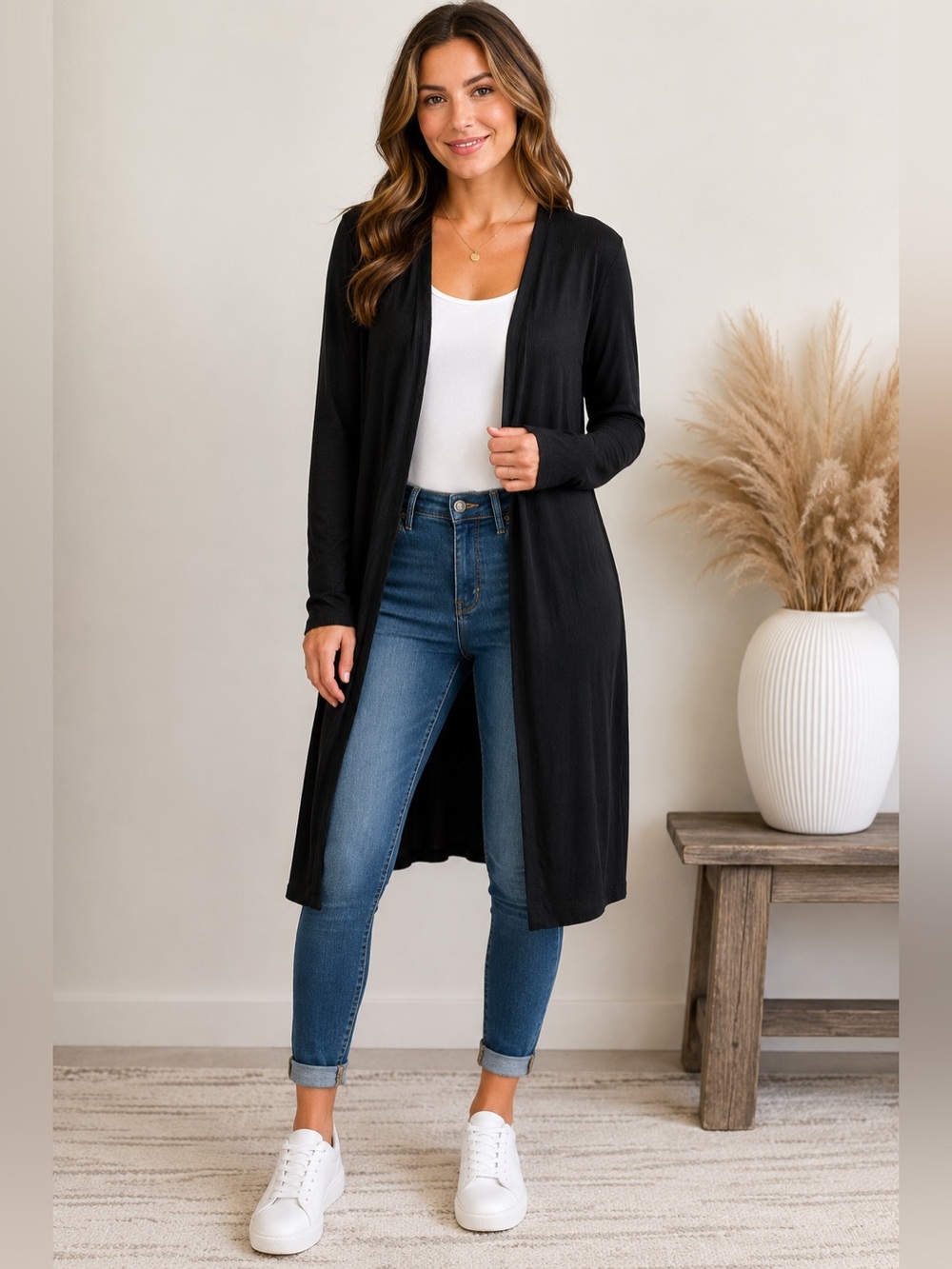 Popular 21 Black Ribbed Open Front Duster Cardigan Size L - A35